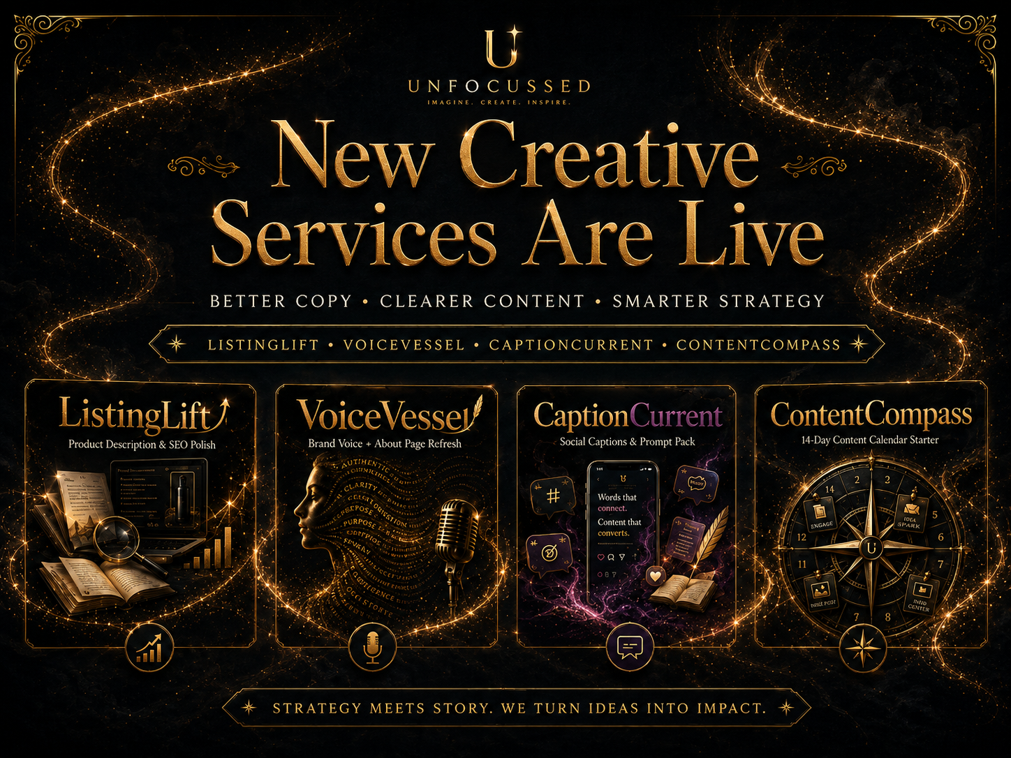 Black-and-gold Unfocussed banner announcing “New Creative Services Are Live,” featuring four service cards for ListingLift, VoiceVessel, CaptionCurrent, and ContentCompass with glowing gold accents.