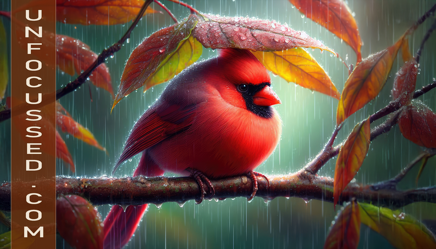 Drenched Cardinal Under a Leaf Canopy