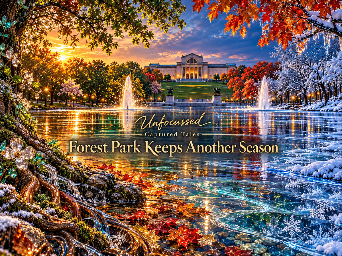 A magical view across the Grand Basin toward the Saint Louis Art Museum, with glowing autumn foliage, crystalline winter branches, fountains, ice, and jewel-toned reflections in Forest Park.