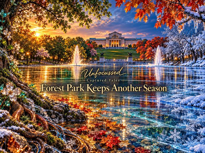 A magical view across the Grand Basin toward the Saint Louis Art Museum, with glowing autumn foliage, crystalline winter branches, fountains, ice, and jewel-toned reflections in Forest Park.