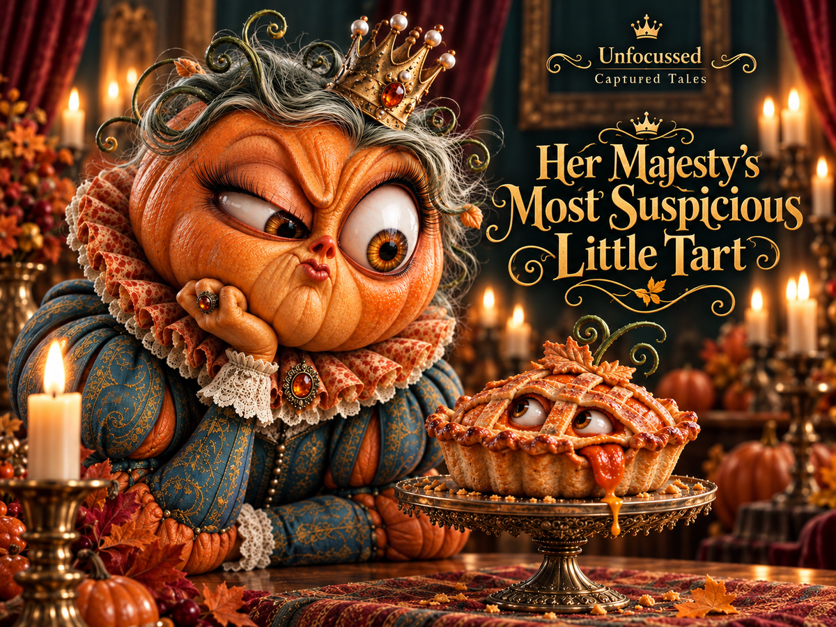 Queen Gourdelia, an expressive crowned pumpkin monarch in an ornate teal gown, suspiciously studies a wide-eyed living pumpkin tart on a silver pedestal.