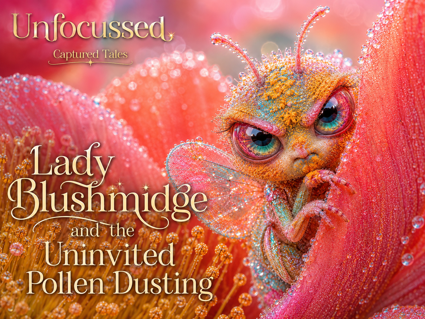 Lady Blushmidge peers from a dew-covered coral blossom beneath the Captured Tales title.