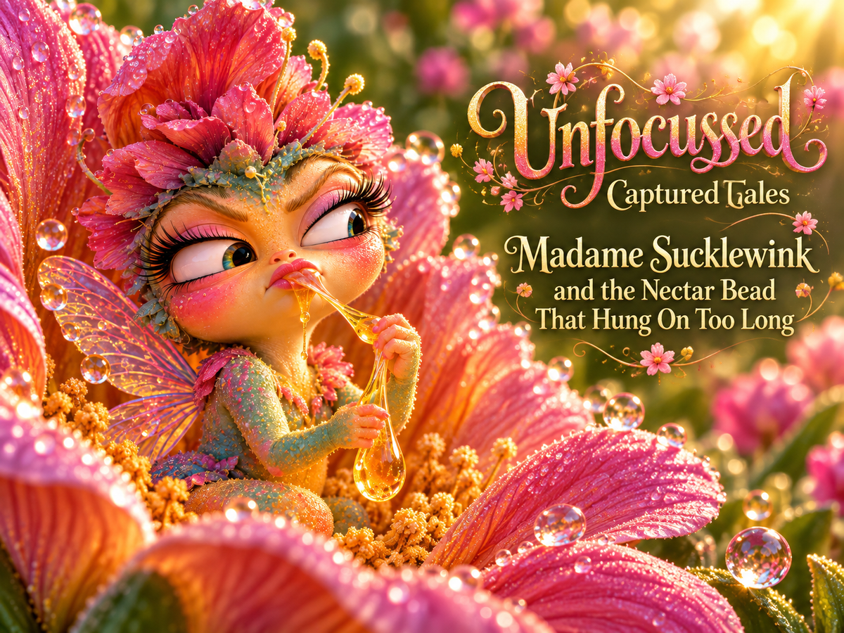 A mischievous flower fairy in a vivid pink bloom, holding a long golden strand of nectar with a dangling bead as she gives it a sideways glance.