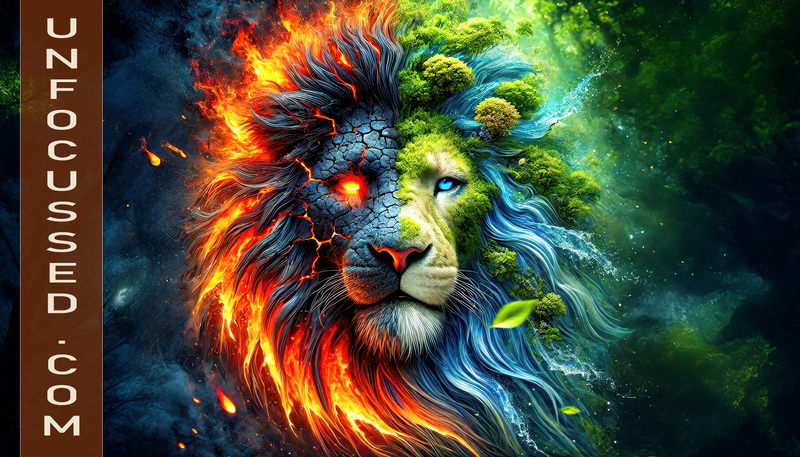 Roar of Balance: A Lion Split by the Elements