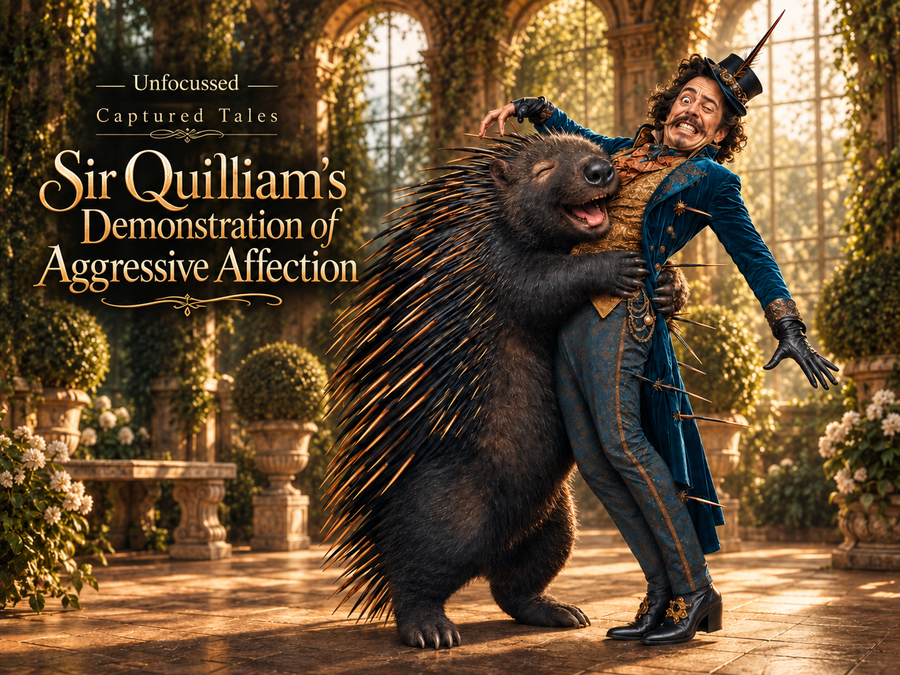A delighted giant porcupine named Sir Quilliam enthusiastically embraces a startled aristocratic gentleman in an ornate teal coat inside a golden stone conservatory.