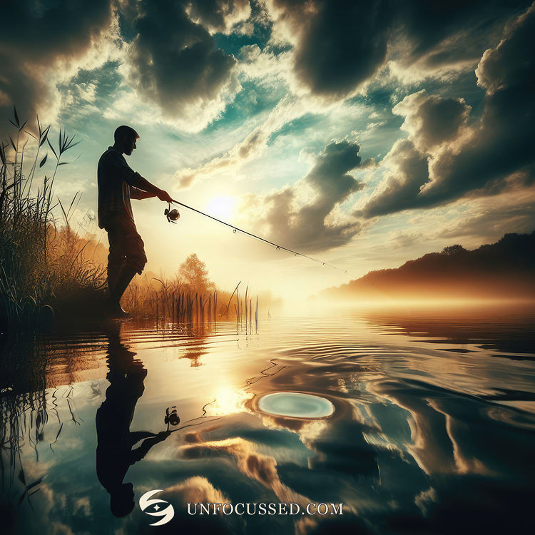 Ein Angler als Silhouette wirft neben Schilf seine Leine in goldenes Wasser unter dramatischen Wolken in einem Kunstwerk aus Broemmelsiek Park.