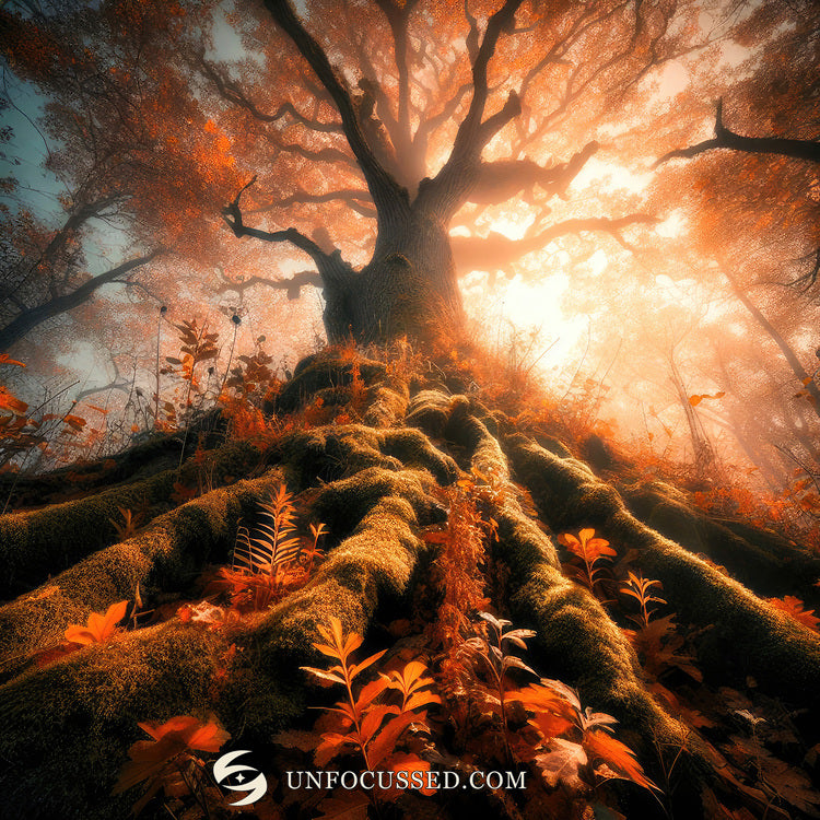 Moss-covered roots beneath a massive autumn tree, with orange foliage and bright light streaming through its branches.