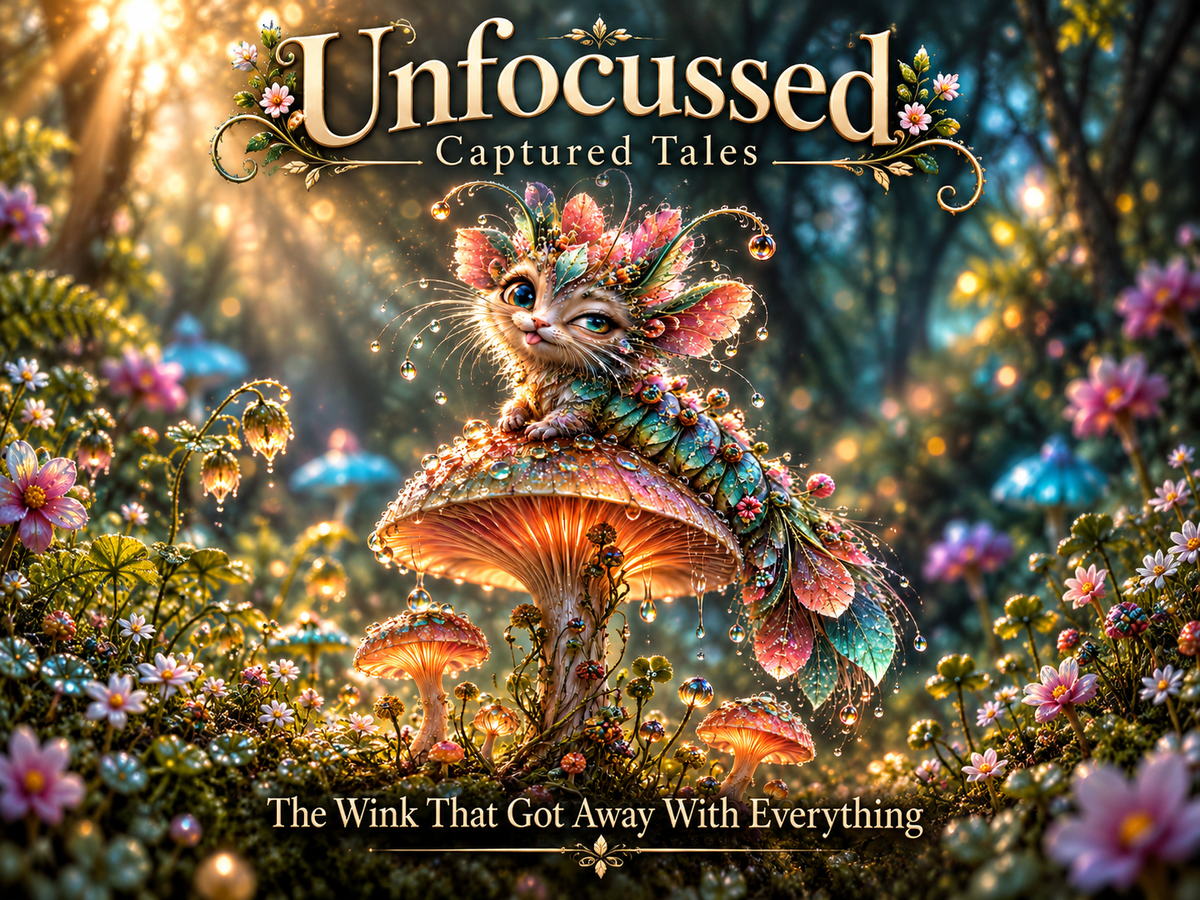 Unfocussed Captured Tales: The Wink That Got Away With Everything. A blue-eyed leaf-furred sprite winks from a glowing mushroom.