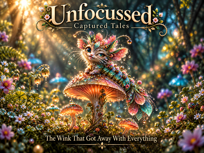 Unfocussed Captured Tales: The Wink That Got Away With Everything. A blue-eyed leaf-furred sprite winks from a glowing mushroom.