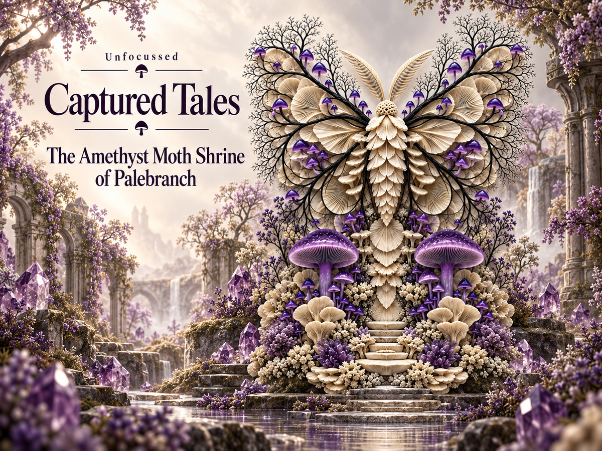 An immense ivory moth with layered mushroom wings presides over a violet fungal shrine and crystal-lined staircase in The Amethyst Moth Shrine of Palebranch.