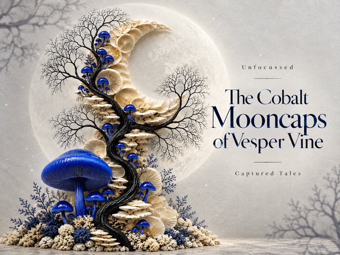 The Cobalt Mooncaps of Vesper Vine featuring luminous blue mushrooms, ivory fungal shelves, and twisting black branches forming a crescent against a textured white background