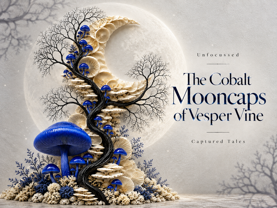 The Cobalt Mooncaps of Vesper Vine featuring luminous blue mushrooms, ivory fungal shelves, and twisting black branches forming a crescent against a textured white background