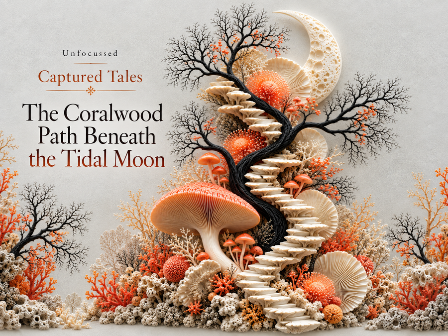 The Coralwood Path Beneath the Tidal Moon, featuring an ivory mushroom staircase winding through black coralwood branches, orange fungi, reef-like growth, and a hollow crescent moon.