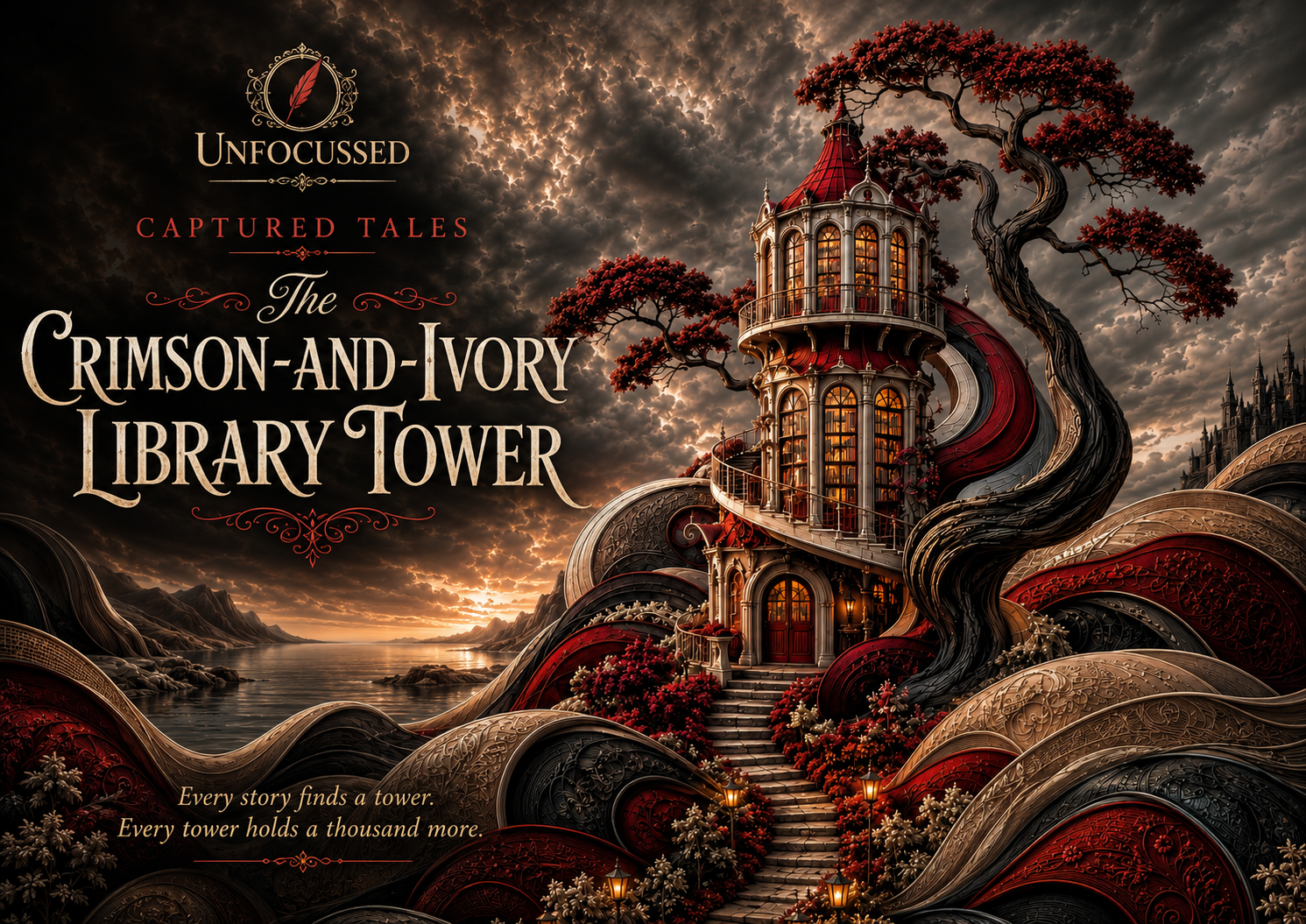 The Crimson-and-Ivory Library Tower Captured Tale