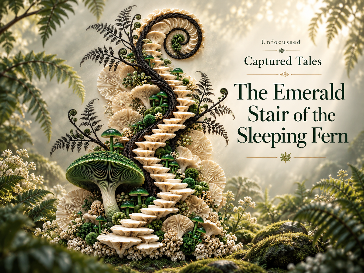 An enchanted staircase of ivory mushrooms ascends through emerald fungi, moss, black fern fronds, and a spiraling sleeping fiddlehead.