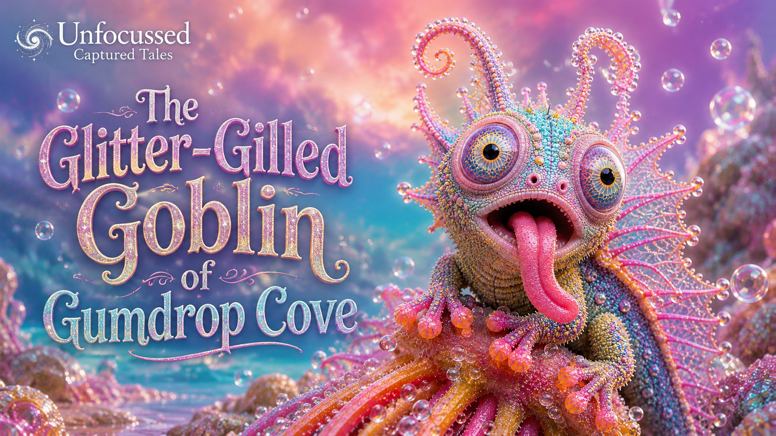 Landscape story banner for The Glitter-Gilled Goblin of Gumdrop Cove, featuring a wide-eyed pastel fantasy goblin.