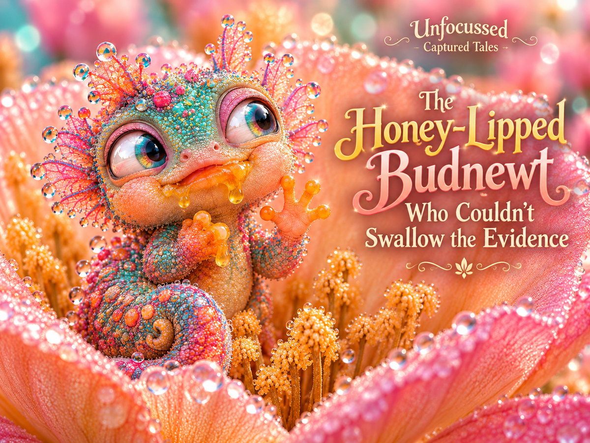 A colorful honey-lipped budnewt with enormous guilty eyes sits inside a glowing pink and orange flower, covered in sparkling dew and dripping golden nectar.