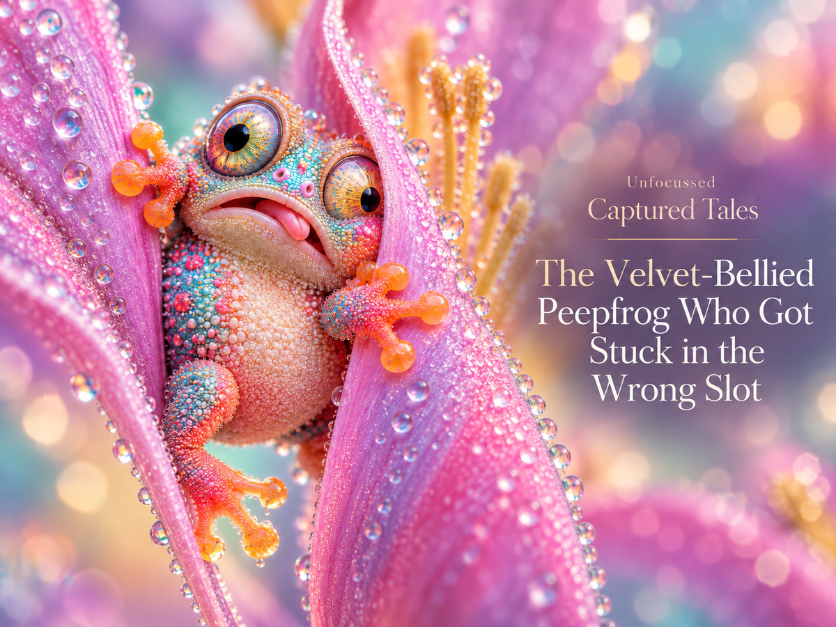Colorful velvet-bellied peepfrog Pippleslot wedged wide-eyed between sparkling dew-covered pink petals in The Velvet-Bellied Peepfrog Who Got Stuck in the Wrong Slot.