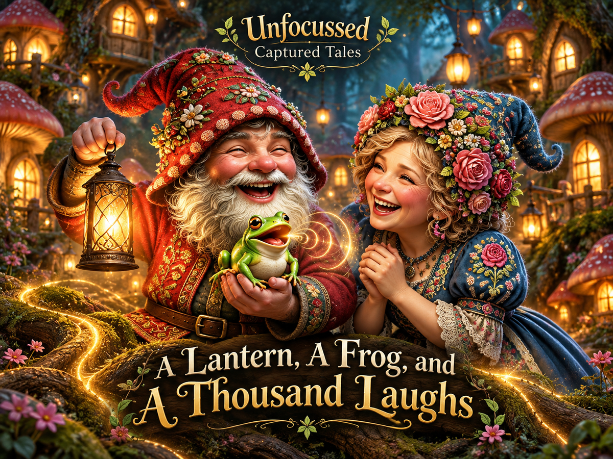 Old Jorgin and Marla laugh together with a bright green frog in a lantern-lit glade in the Great Whispering Woods.