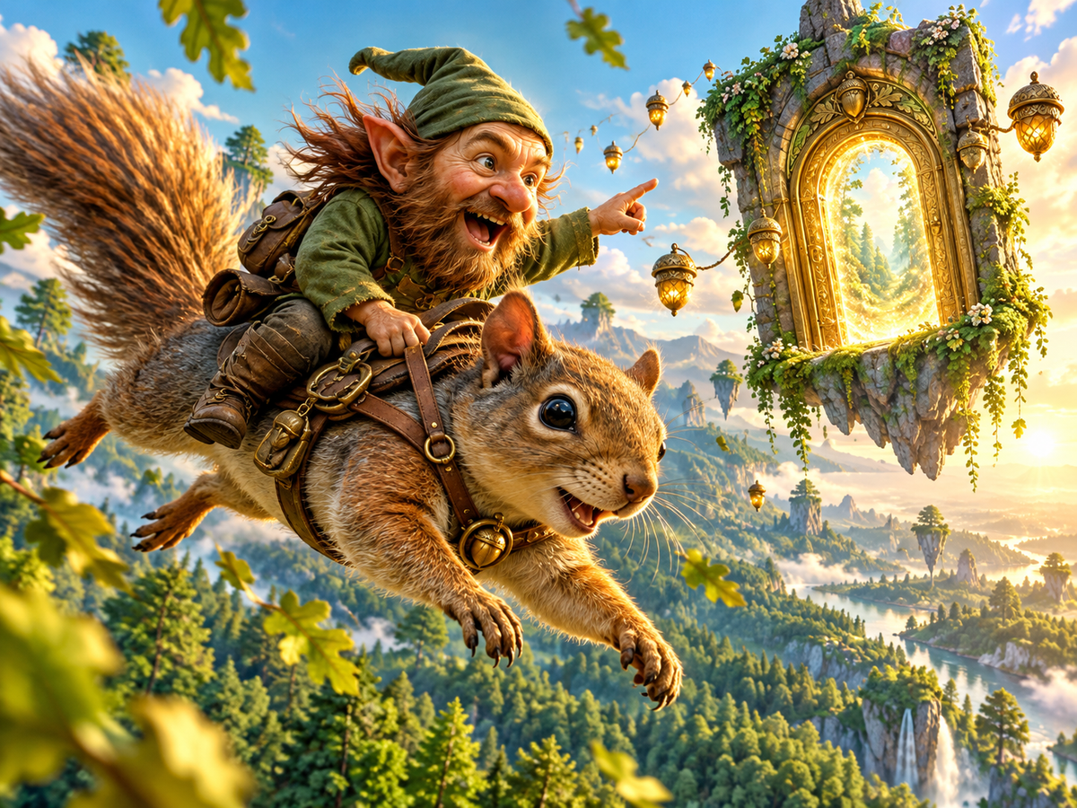 Sprig Thistlewick rides with Helix the squirrel pilot toward a floating brass gate above the bright, detailed forest canopy of Echoterra.