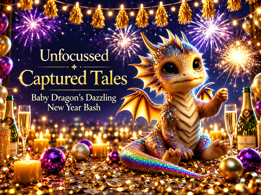 Un bebé dragón dorado y violeta reluciente sostiene una bengala bajo fuegos artificiales de Año Nuevo y el título Baby Dragon’s Dazzling New Year Bash.