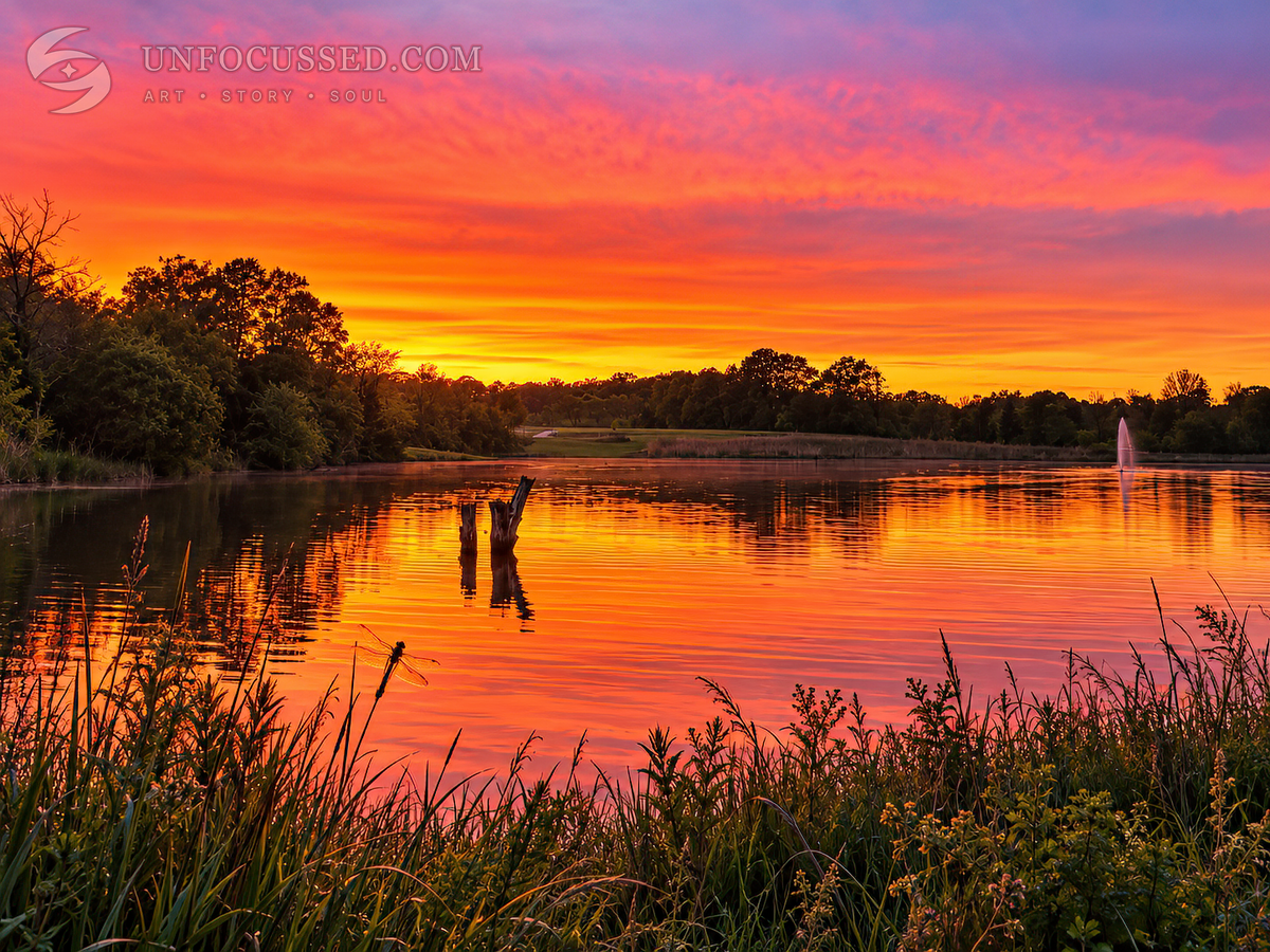 Watermarked Betty’s Lake Burns at Sunset artwork from the Broemmelsiek Park collection by Unfocussed