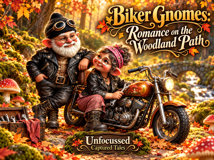 Biker Gnomes: Romance on the Woodland Path — Gus and Rosie, adult gnome riders, share a warm woodland adventure beside their mushroom-powered motorcycle.