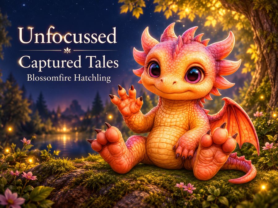 Blossomfire Hatchling, de tonos melocotón y dorado, saluda desde un tronco cubierto de musgo bajo el título de Captured Tales.