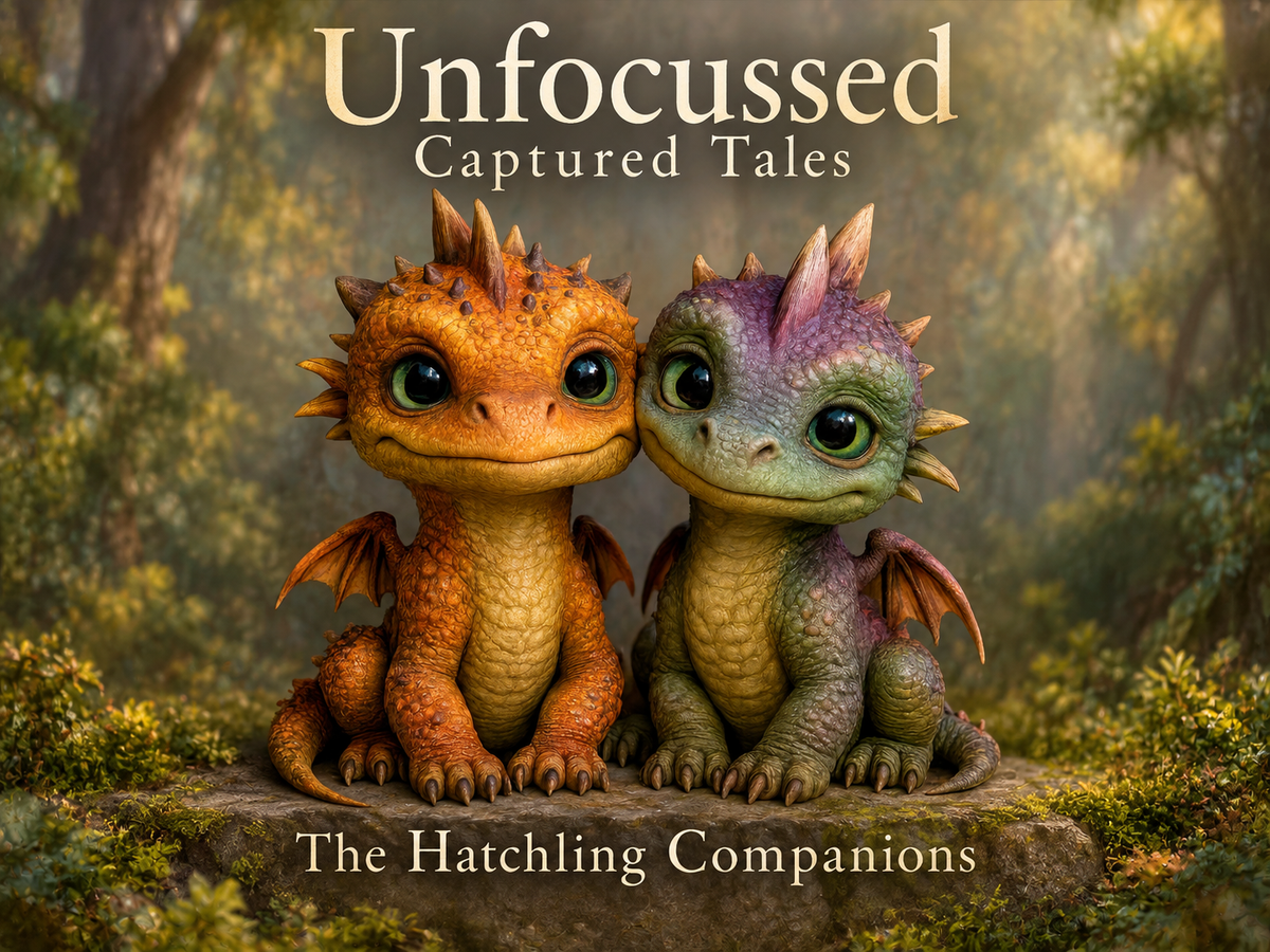 Der orangefarbene Ember und der grünviolette Mistral lehnen sich auf einem moosigen Stein aneinander, unter dem Titel The Hatchling Companions.