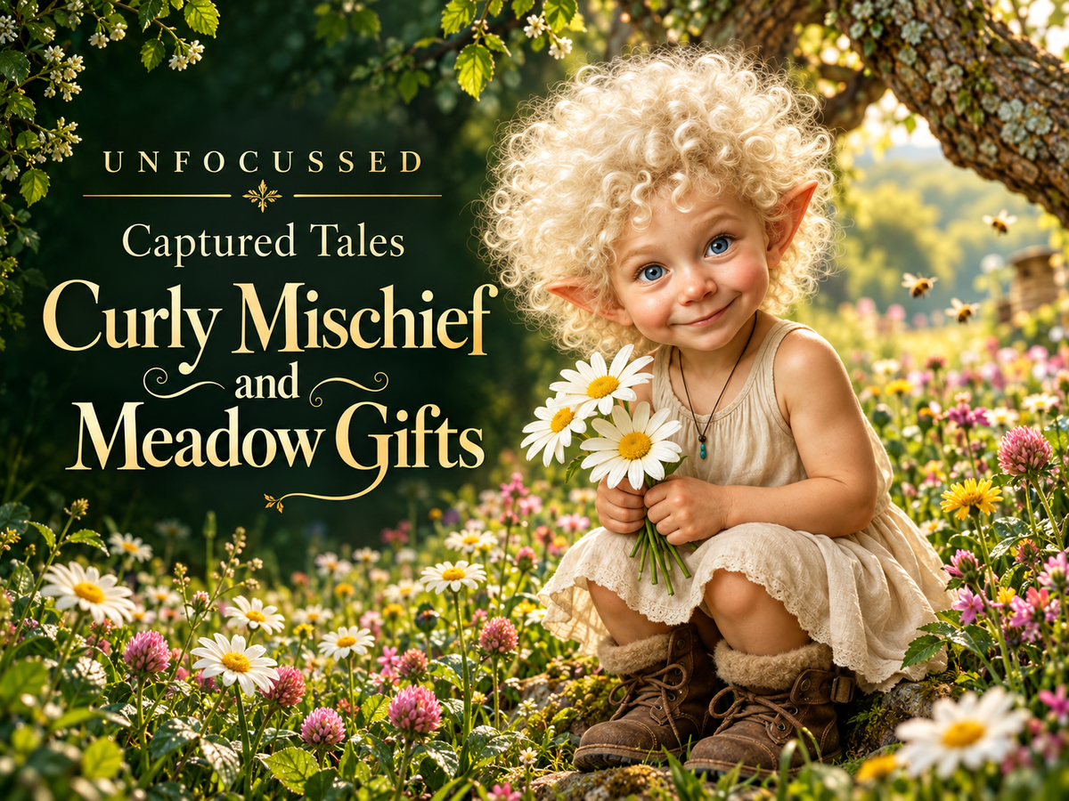 Pip, a curly-haired young fae, holds daisies in the spring meadow of Dandelion Hollow in Echoterra.