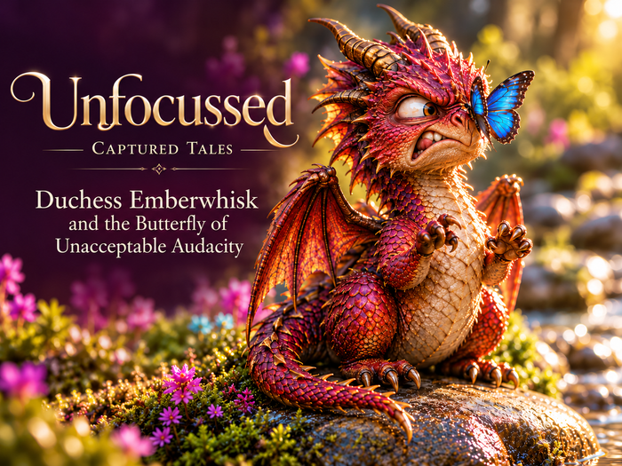 Duchess Emberwhisk, a ruby-scaled dragoness, holds a royal portrait pose with a blue butterfly on her nose.