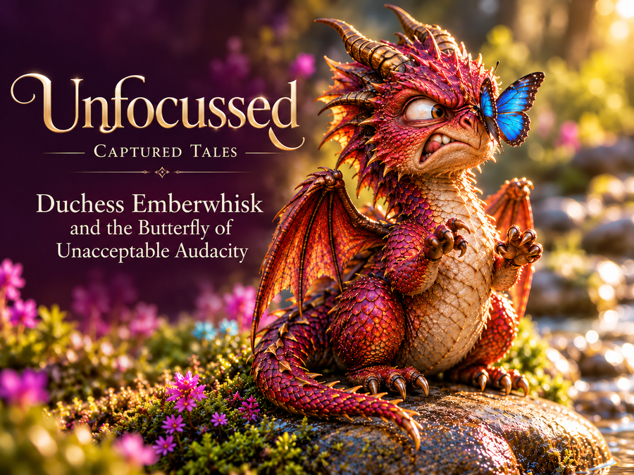 Duchess Emberwhisk, a ruby-scaled dragoness, holds a royal portrait pose with a blue butterfly on her nose.