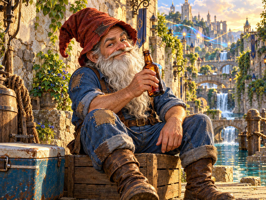 An adult gnome with a crooked grin rests beside a repaired stone wall in Lower Glandrick as the communal Echo Pulse glimmers in the distance.