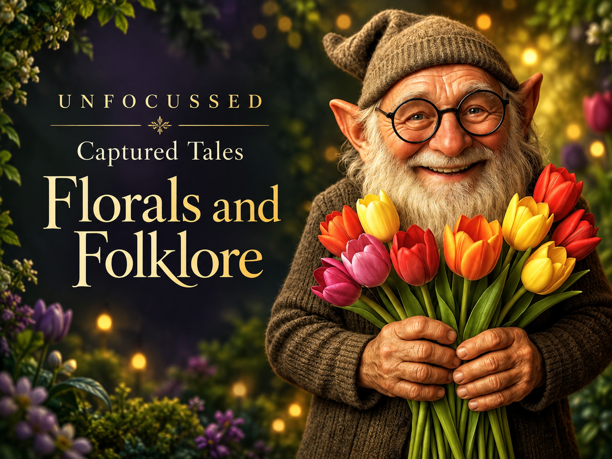 Magnus Bloomwhiff smiles over a colorful tulip bouquet beneath the titles Unfocussed and Captured Tales: Florals and Folklore.