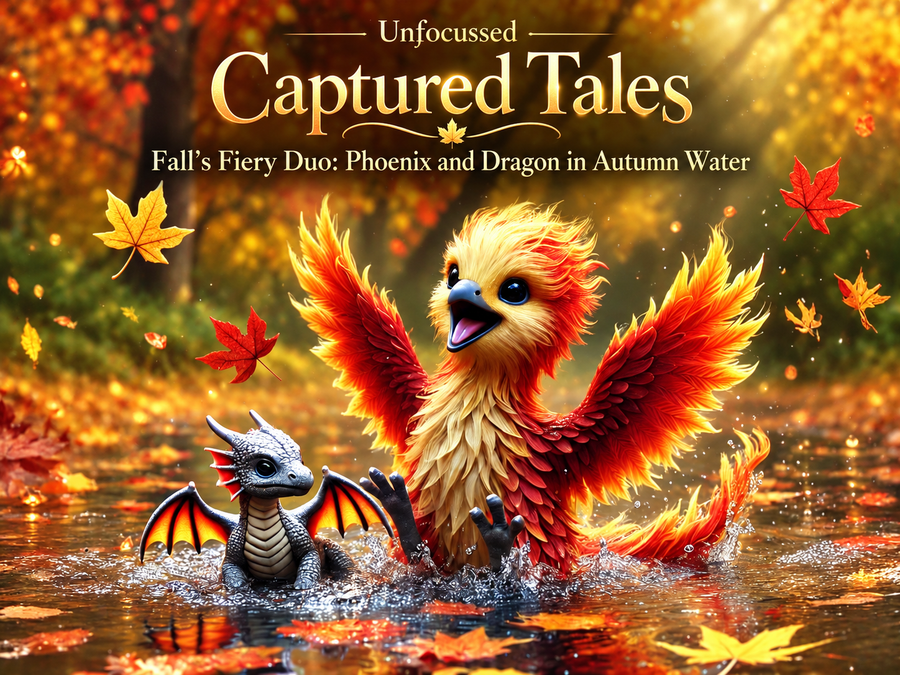 Fall’s Fiery Duo: un fénix dorado y un pequeño dragón plateado chapotean en un estanque otoñal, con el título de Captured Tales.