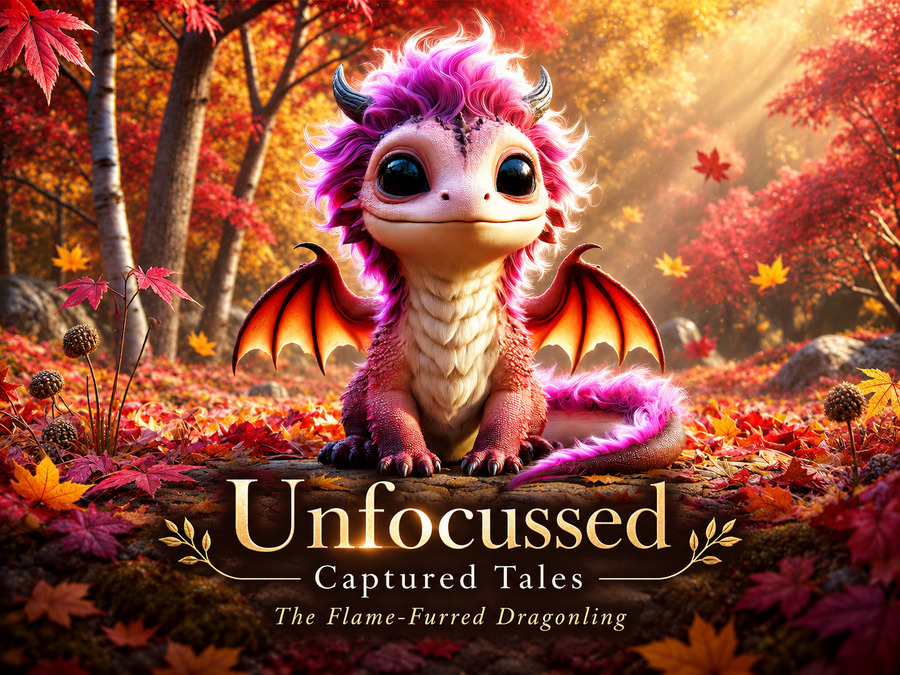 Un bebé dragón de melena rosa y alas naranjas está sentado en un bosque otoñal dorado bajo el título de Unfocussed Captured Tales The Flame-Furred Dragonling.