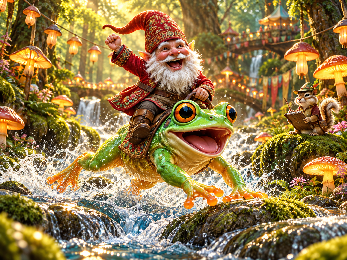 Cheerful gnome Blimble Puddleflap riding a smiling lime-green frog along a lantern-lit festival path in Echoterra.