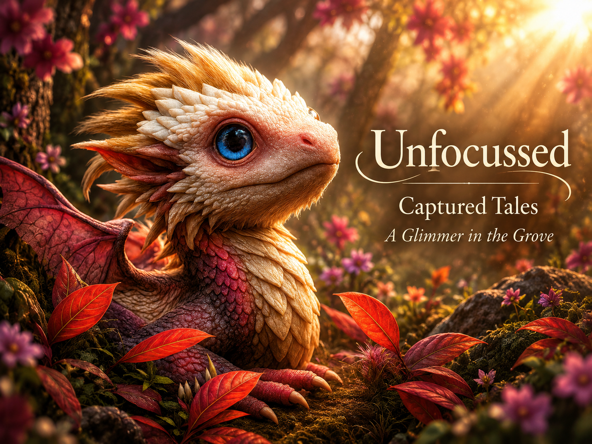 Ein cremegoldener Drache mit saphirblauem Auge zwischen Herbstblättern neben dem Titel A Glimmer in the Grove.