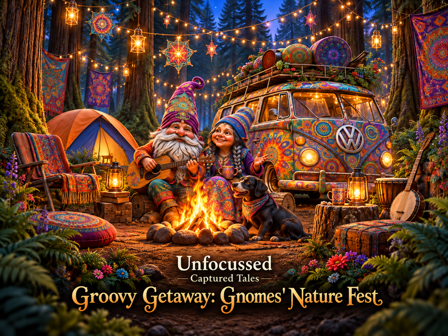 Featured graphic for Groovy Getaway: Gnomes' Nature Fest, showing Ziggy and Marla beside their painted camper and dog at the forest gathering.