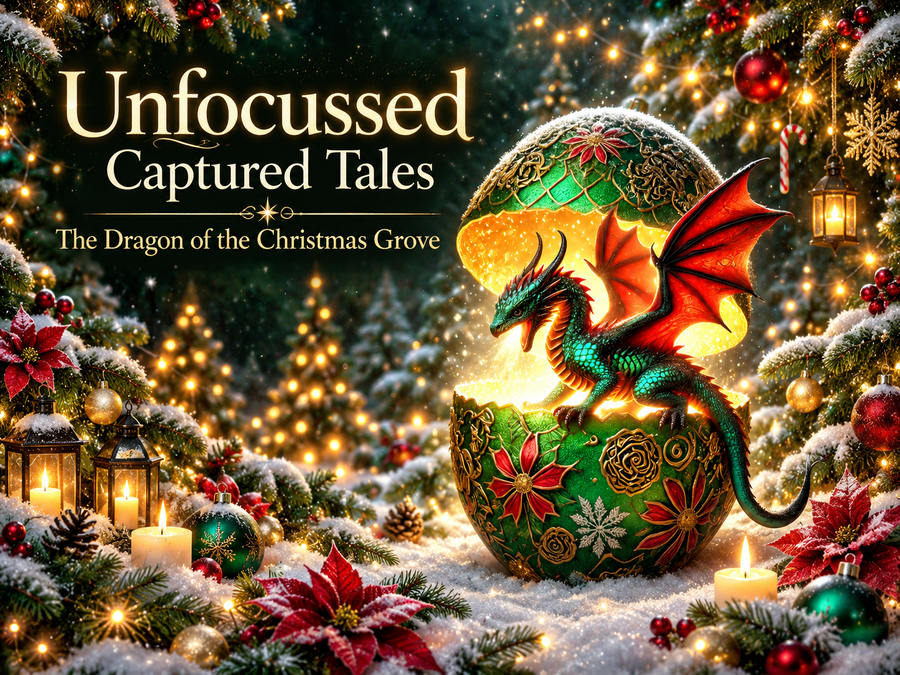La cría esmeralda Caldyrex despliega alas carmesí desde un huevo decorativo navideño bajo el título The Dragon of the Christmas Grove.