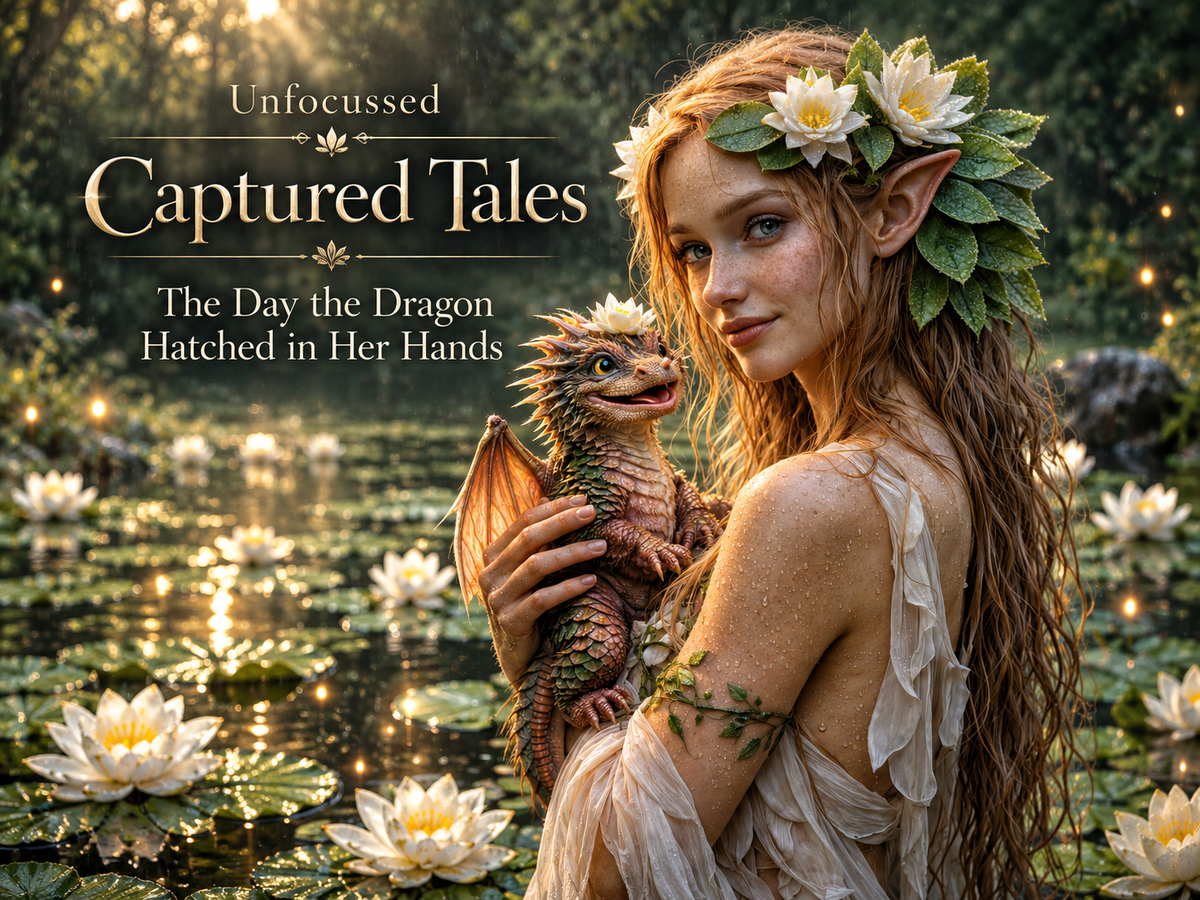 The Day the Dragon Hatched in Her Hands — a lily-crowned woodland guardian holding a small dragon beside a rain-lit pond.