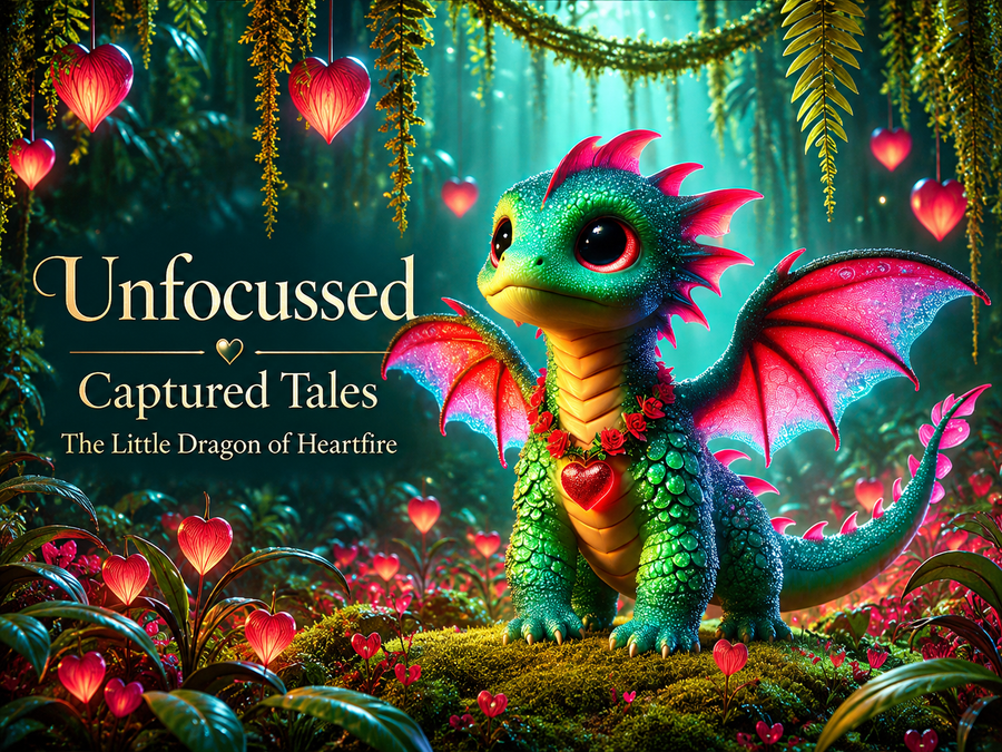 Ember, un pequeño dragón esmeralda de alas rosas y colgante de corazón rojo, en una selva luminosa de flores con forma de corazón bajo el título The Little Dragon of Heartfire.