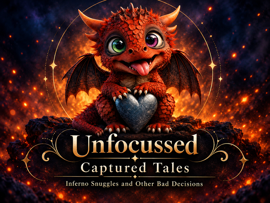 Cinder, una cría carmesí de ojos verdes y violetas, sostiene un corazón de hierro bajo el título Inferno Snuggles and Other Bad Decisions.