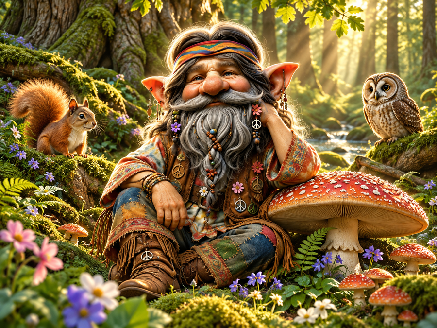Jasper, the Mushroom Meditator, sits beneath a luminous mushroom in the Great Whispering Woods, joined by forest neighbors in a vivid, peaceful glade.