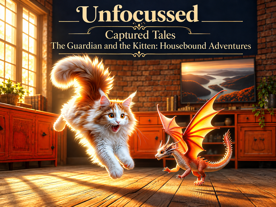 Elara, la Maine Coon naranja y blanca, salta junto al diminuto dragón dorado Smauglet en una habitación soleada bajo el título The Guardian and the Kitten: Housebound Adventures.