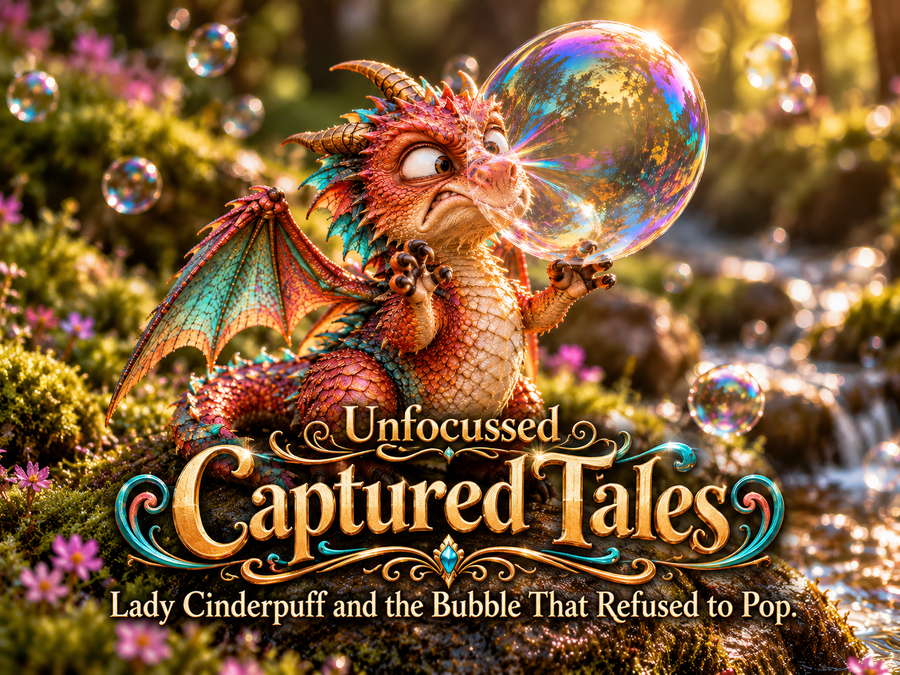Lady Cinderpuff studies an oversized iridescent bubble beside a bright woodland stream.