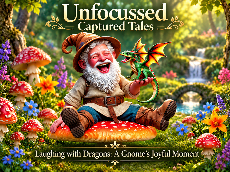 El gnomo risueño Grimble sostiene al bebé dragón verde Snarky bajo el título Laughing with Dragons: A Gnome's Joyful Moment.