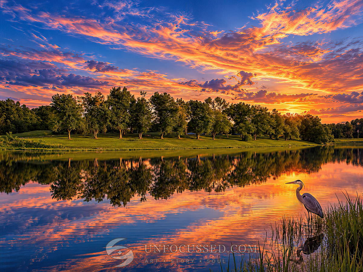 Tramonto corallo e oro riflesso in Betty’s Lake a Broemmelsiek Park, con un airone fra le canne in primo piano.