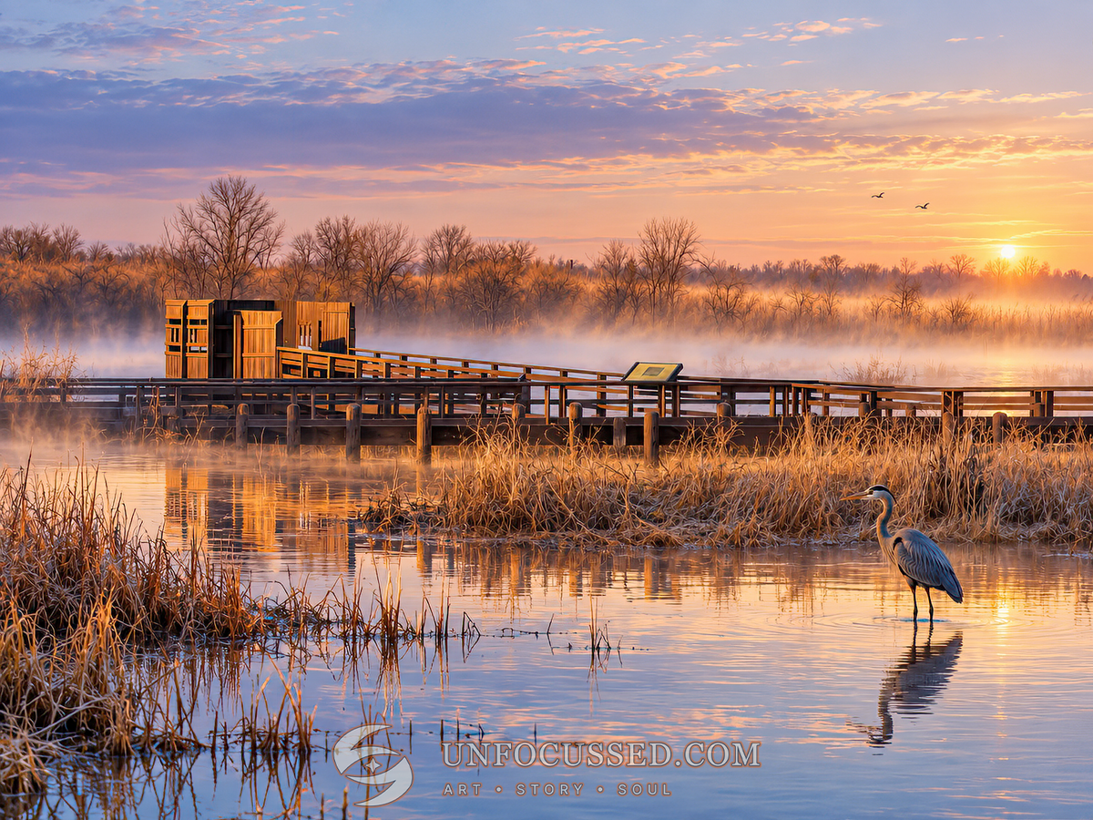 Heron in misty wetland water near a wooden bird blind at Busch Memorial Conservation Area, Missouri
