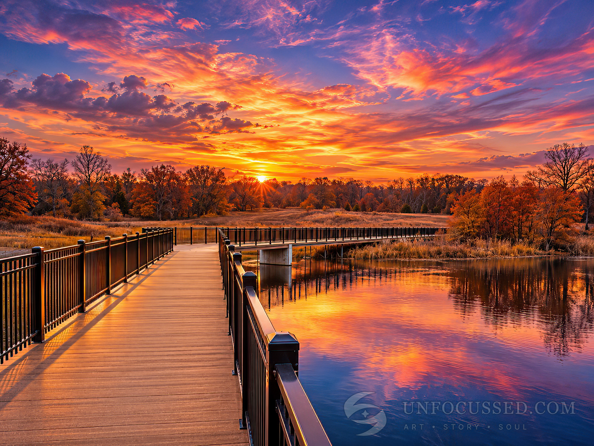 Sunset over a wooden boardwalk and reflected clouds at Broemmelsiek Park, Missouri